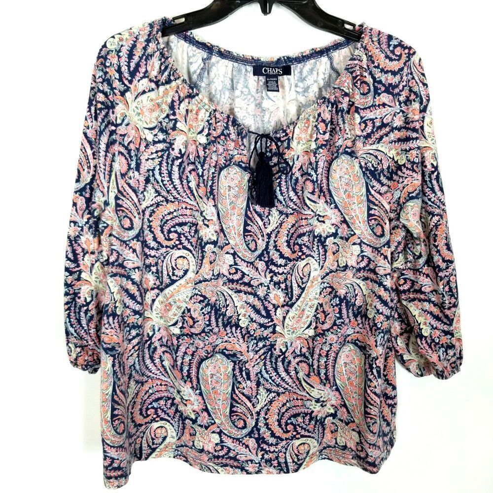 Chaps Ralph Lauren Women Pleasant Paisley Top Blouse Sz XL Boho Tassel